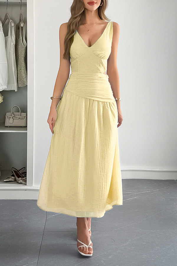 Ärmelloses Damen-Maxikleid mit V-Ausschnitt und hohlem Taillendesign