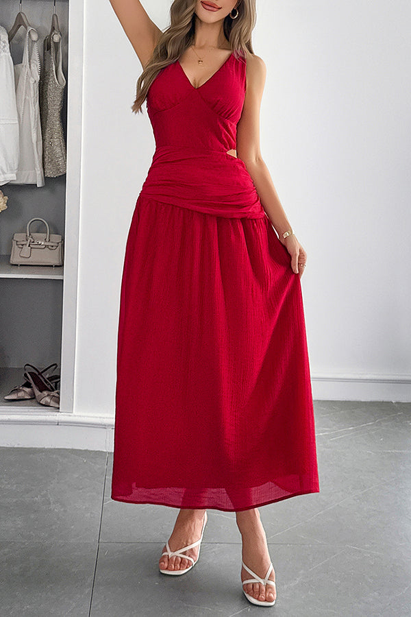 Ärmelloses Damen-Maxikleid mit V-Ausschnitt und hohlem Taillendesign