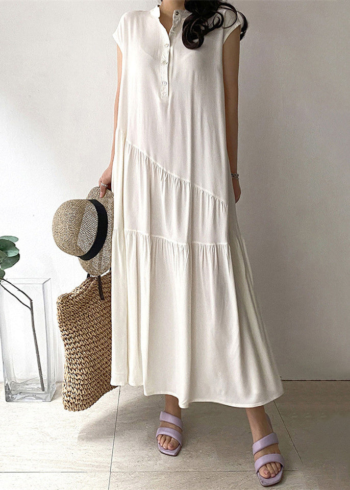 Damen Langkleid aus khakifarbenem Baumwollstoff mit Knopftasche