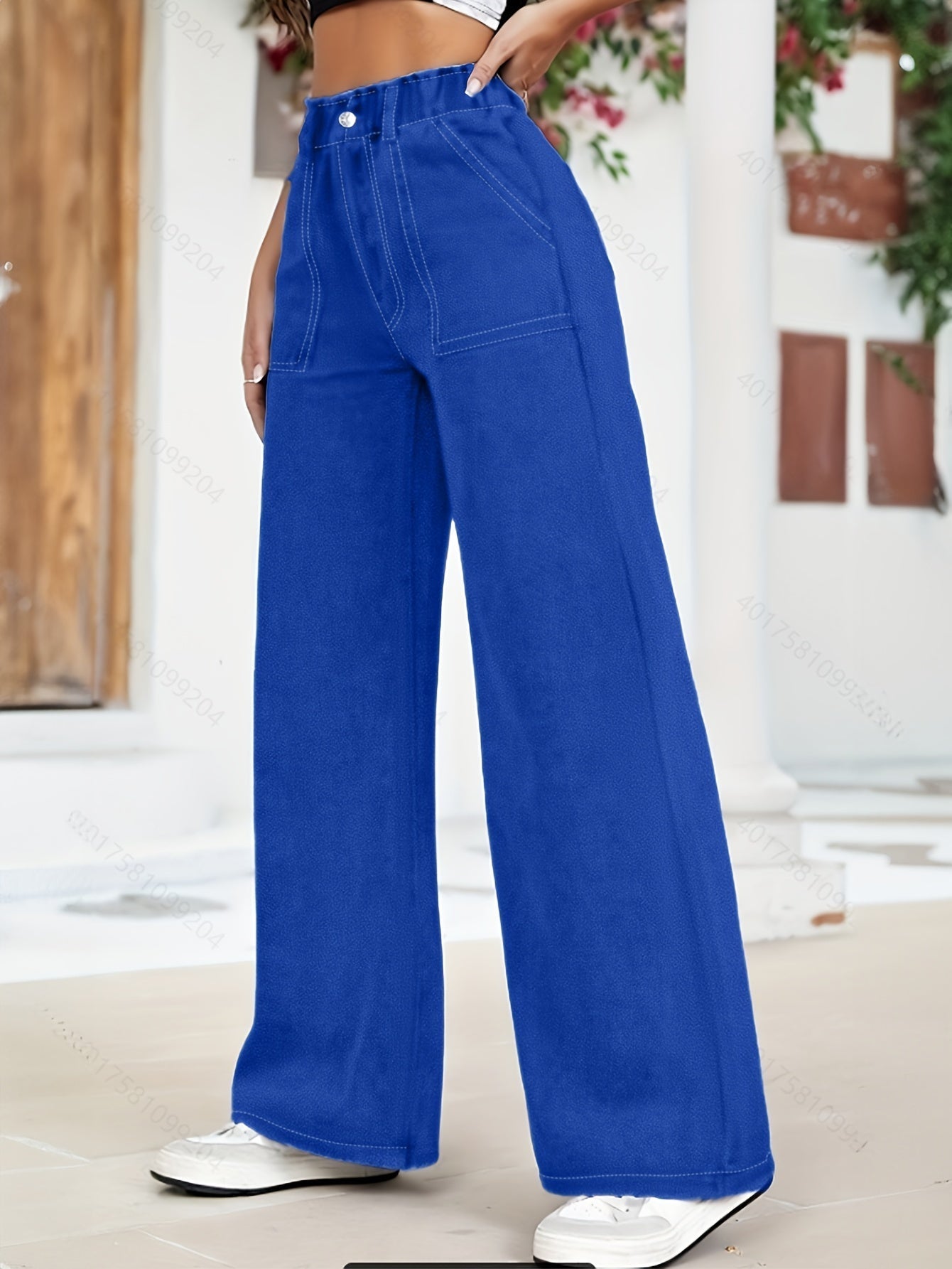 High-Waist Denim-Cargohose mit weitem Bein und übergroßen Taschen
