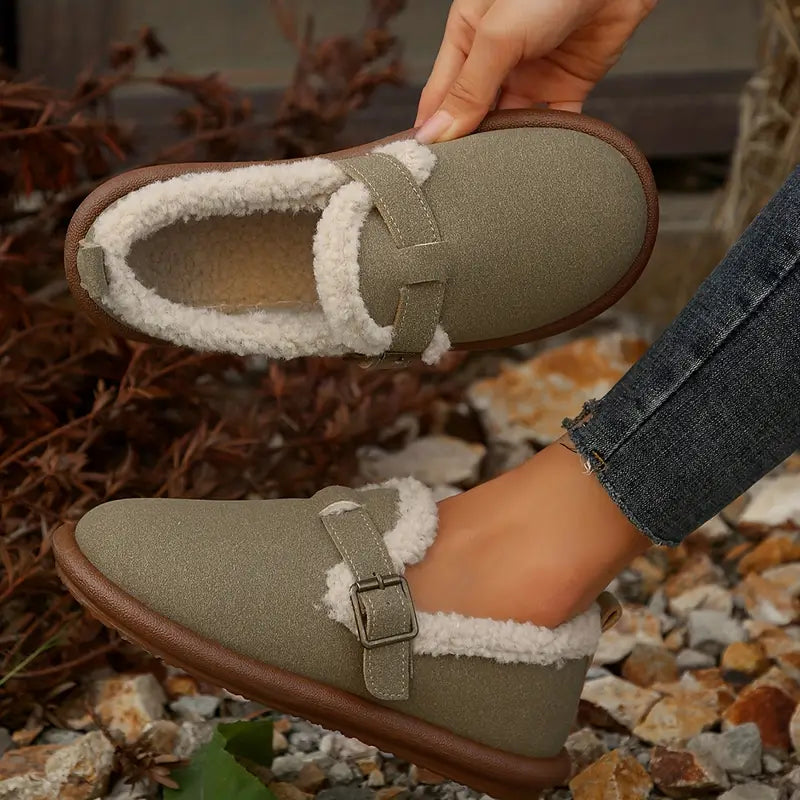 Bequeme Fleece-gefütterte Slip-On Ballerinas mit Schnallenriemen