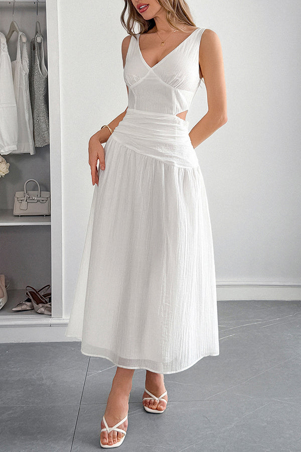 Ärmelloses Damen-Maxikleid mit V-Ausschnitt und hohlem Taillendesign