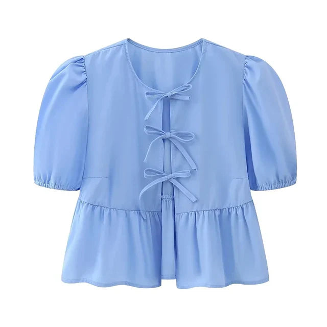 Bluse mit Leopardenmuster, Puffärmeln und Schleifendetail