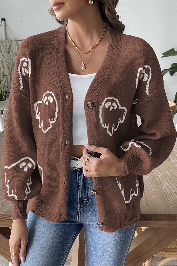 Gemütlicher Halloween-Geisterstrickpullover mit Knöpfen