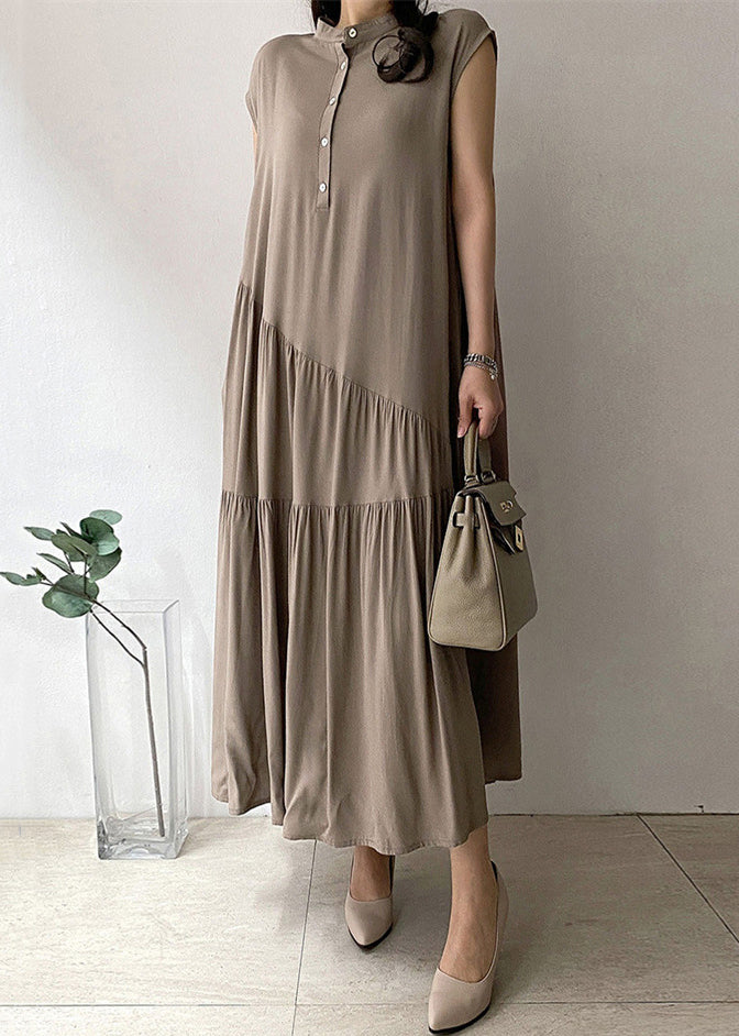 Damen Langkleid aus khakifarbenem Baumwollstoff mit Knopftasche