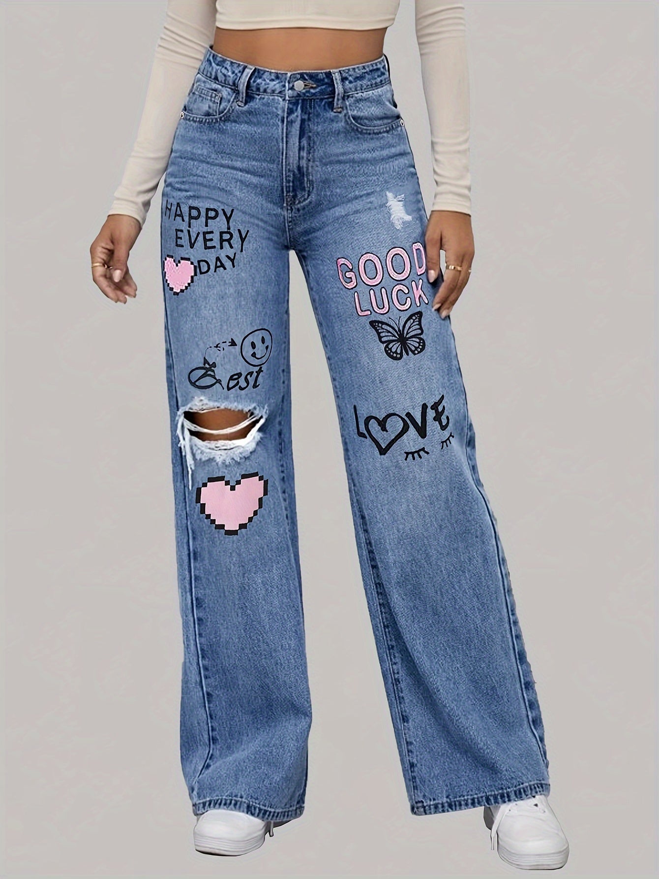 High-Waist Jeans mit weitem Bein und Grafikdesign