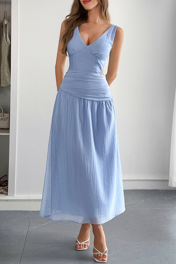 Ärmelloses Damen-Maxikleid mit V-Ausschnitt und hohlem Taillendesign