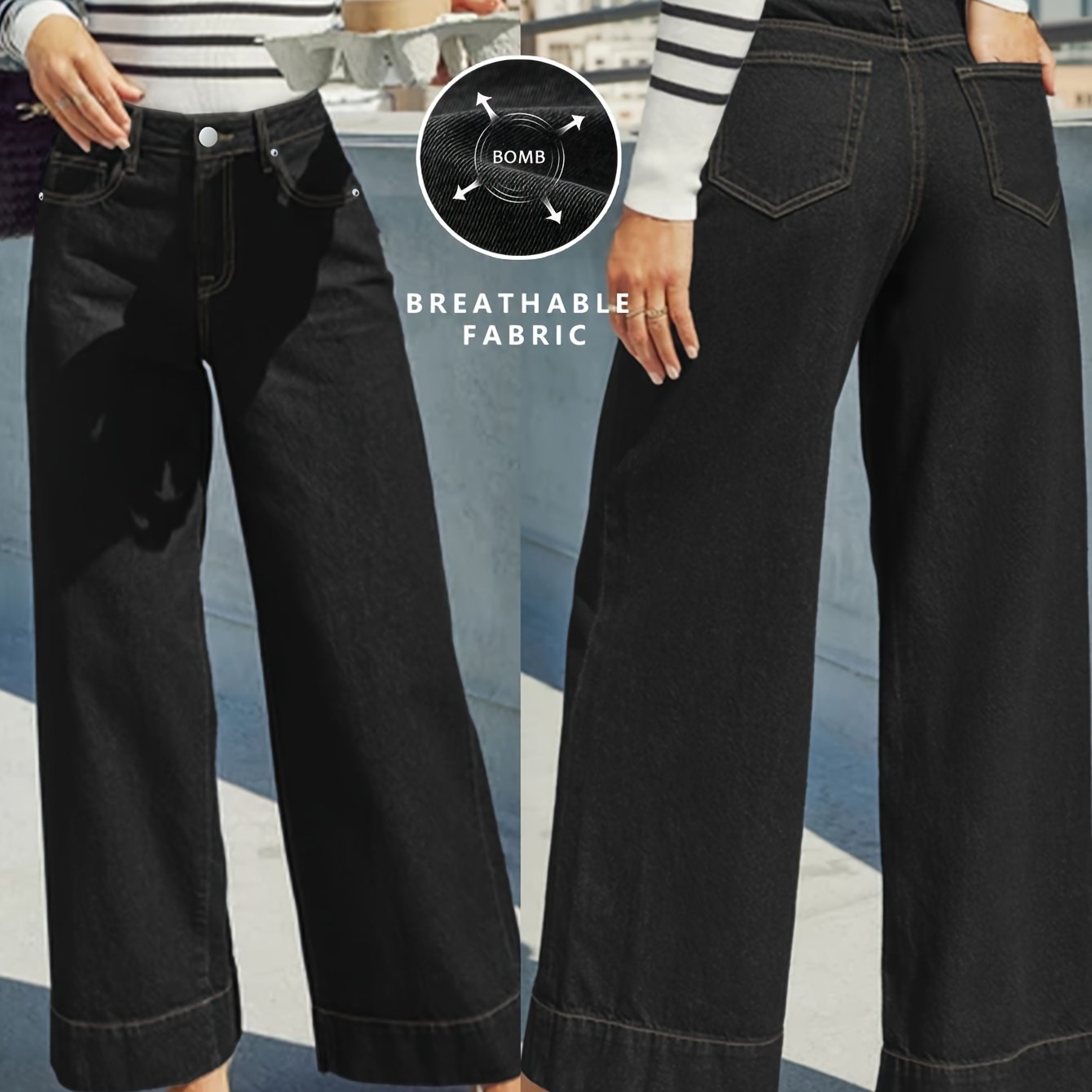 Jeans mit hoher Taille, weitem Bein und dehnbarem Denim-Stoff mit Umschlag am Saum