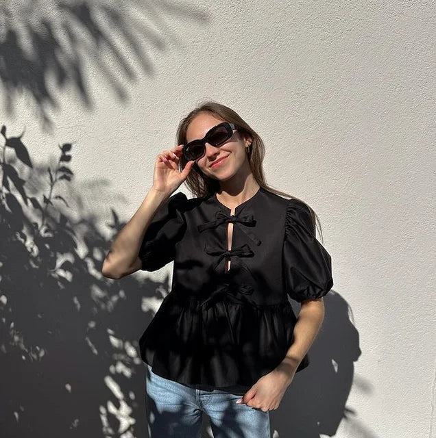 Bluse mit Leopardenmuster, Puffärmeln und Schleifendetail