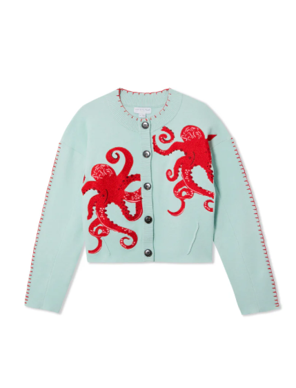 Gemütliche Küstenstrickjacke mit Oktopus-Motiv und Kontrastpaspelierung