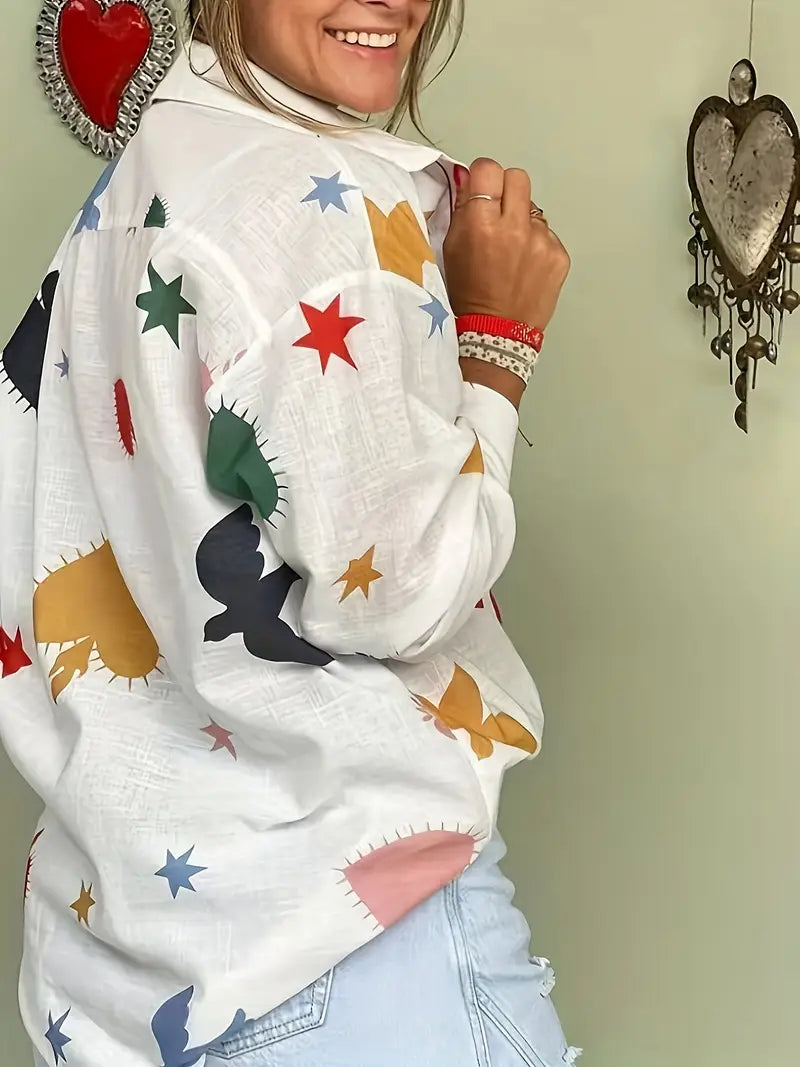 Leinenmischung Bedruckte Bluse mit Knopfleiste und weitem Ärmel