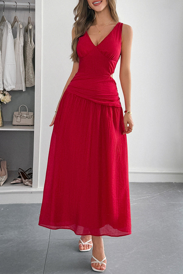 Ärmelloses Damen-Maxikleid mit V-Ausschnitt und hohlem Taillendesign