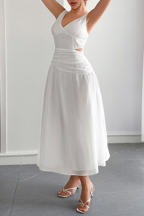 Ärmelloses Damen-Maxikleid mit V-Ausschnitt und hohlem Taillendesign
