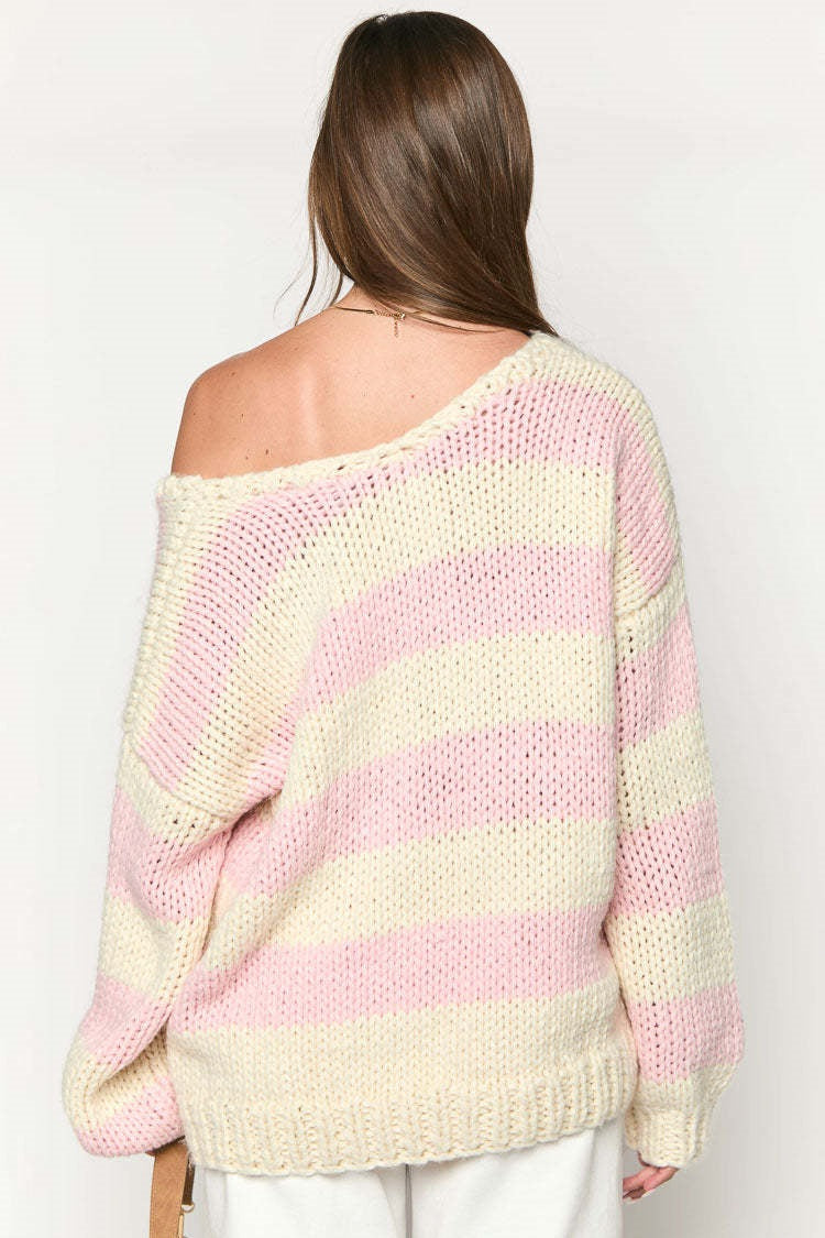 Gemütlicher Gestreifter Strickpullover mit Schulterfreiem Design Schicker Herbstpullover