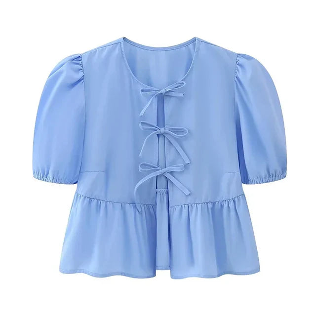 Bluse mit Leopardenmuster, Puffärmeln und Schleifendetail
