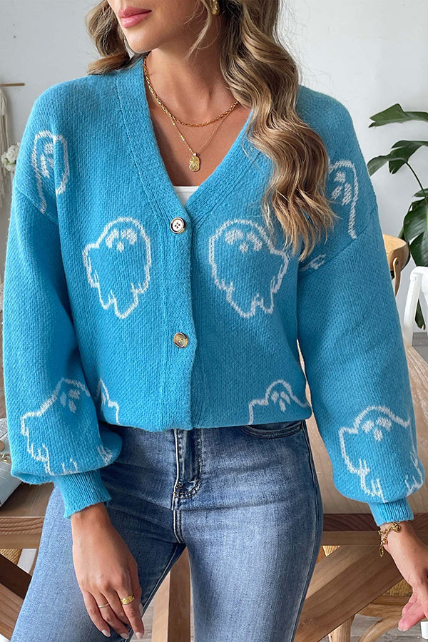Gemütlicher Halloween-Geisterstrickpullover mit Knöpfen