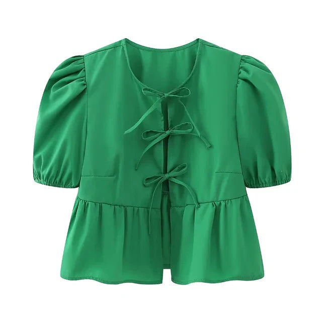 Bluse mit Leopardenmuster, Puffärmeln und Schleifendetail