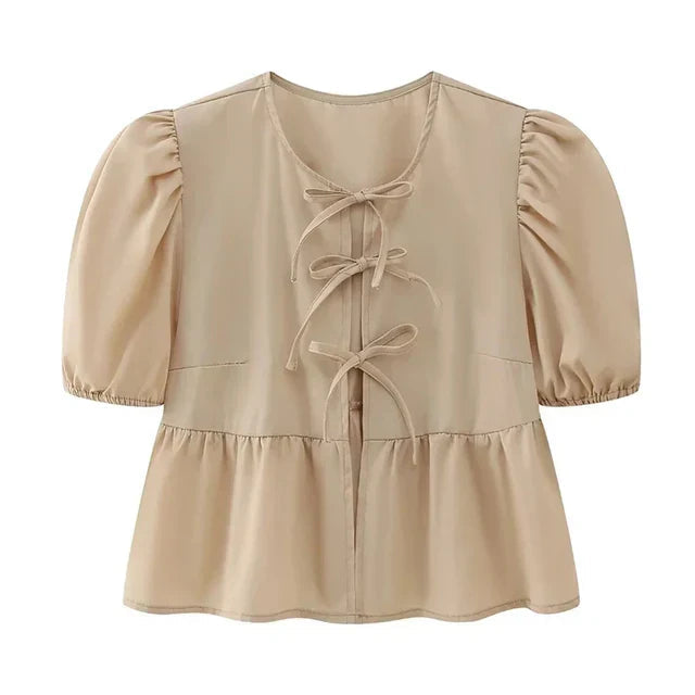 Bluse mit Leopardenmuster, Puffärmeln und Schleifendetail