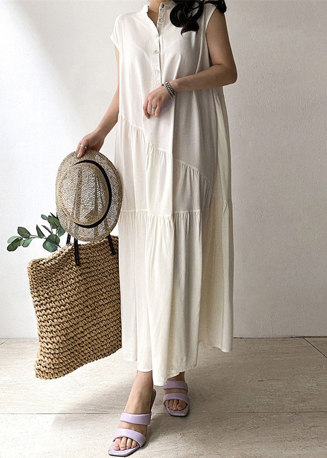 Damen Langkleid aus khakifarbenem Baumwollstoff mit Knopftasche