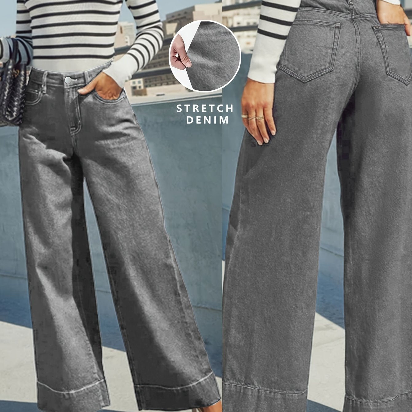 Jeans mit hoher Taille, weitem Bein und dehnbarem Denim-Stoff mit Umschlag am Saum