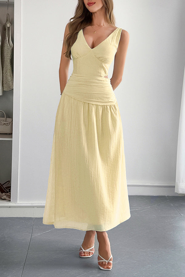Ärmelloses Damen-Maxikleid mit V-Ausschnitt und hohlem Taillendesign