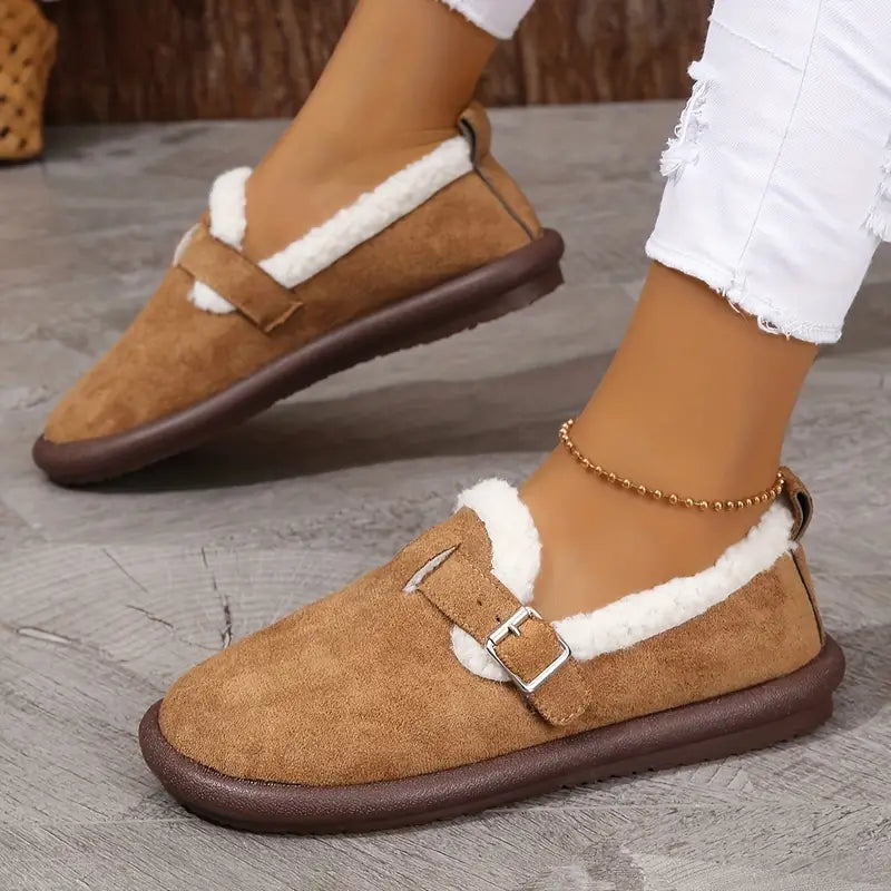 Bequeme Fleece-gefütterte Slip-On Ballerinas mit Schnallenriemen