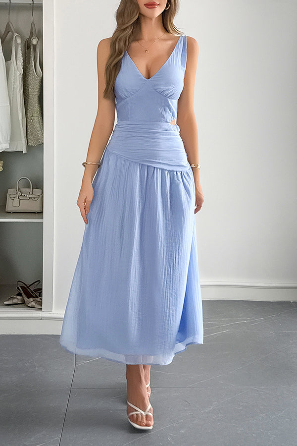 Ärmelloses Damen-Maxikleid mit V-Ausschnitt und hohlem Taillendesign
