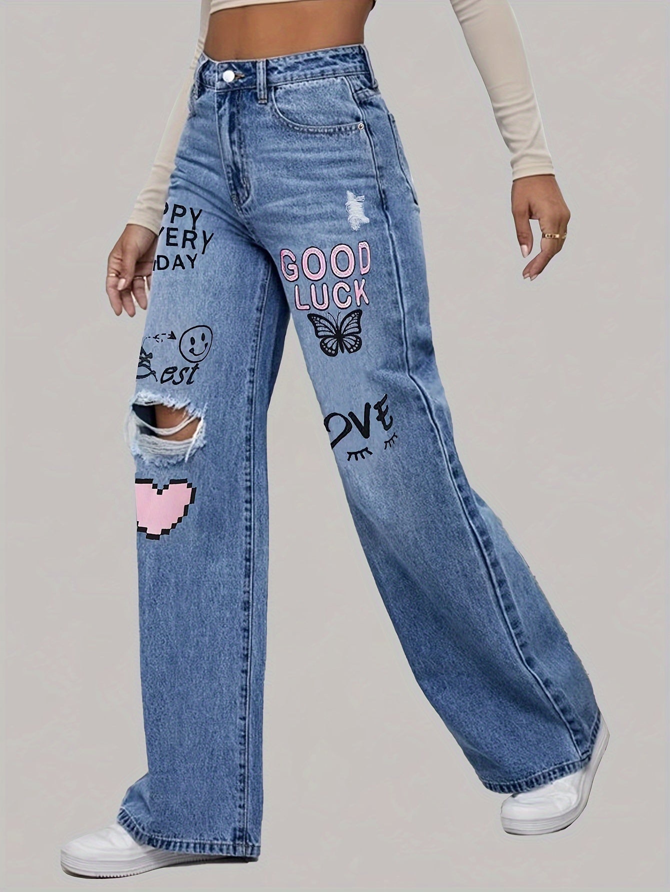 High-Waist Jeans mit weitem Bein und Grafikdesign