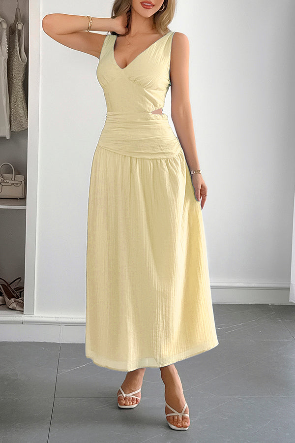 Ärmelloses Damen-Maxikleid mit V-Ausschnitt und hohlem Taillendesign