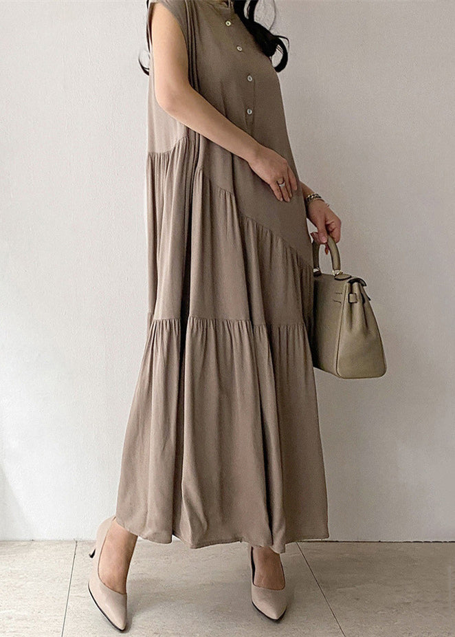Damen Langkleid aus khakifarbenem Baumwollstoff mit Knopftasche