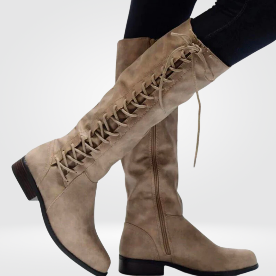 Damen-Stiefel mit Lederoptik, Blockabsatz, Reißverschluss und Schnürung
