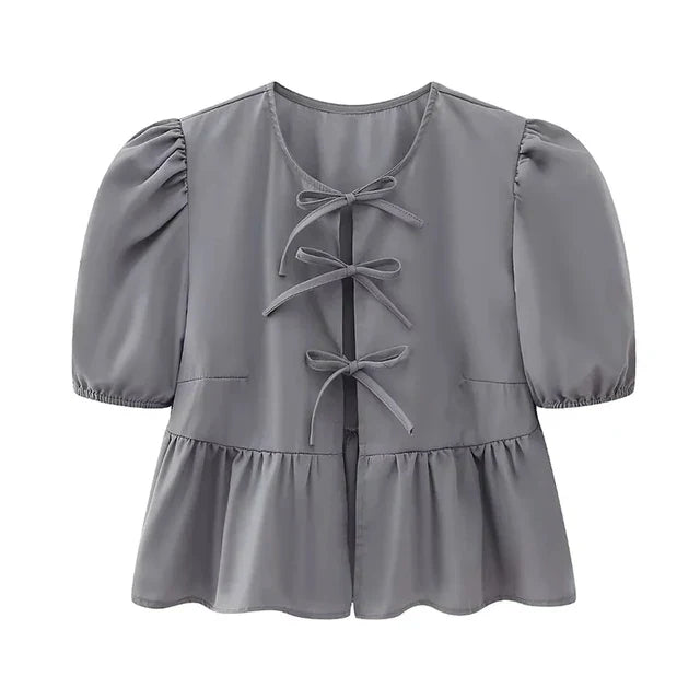 Bluse mit Leopardenmuster, Puffärmeln und Schleifendetail
