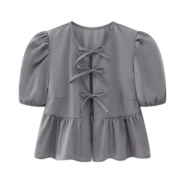 Bluse mit Leopardenmuster, Puffärmeln und Schleifendetail