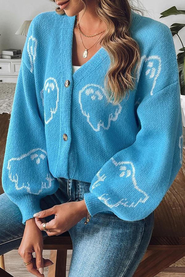 Gemütlicher Halloween-Geisterstrickpullover mit Knöpfen