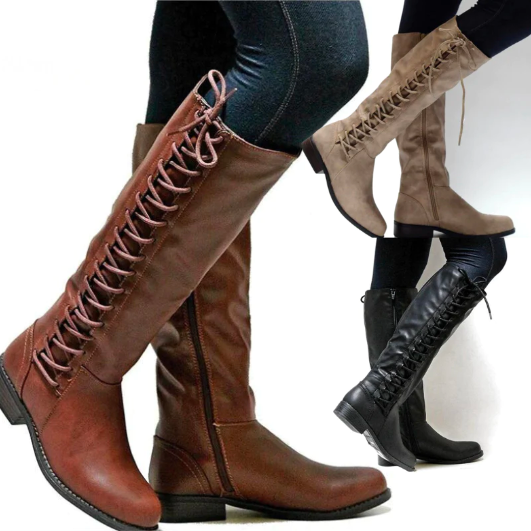 Damen-Stiefel mit Lederoptik, Blockabsatz, Reißverschluss und Schnürung