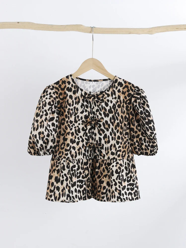 Bluse mit Leopardenmuster, Puffärmeln und Schleifendetail