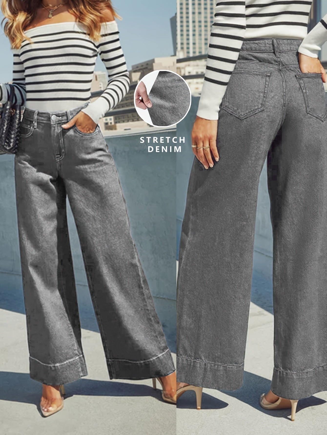 Jeans mit hoher Taille, weitem Bein und dehnbarem Denim-Stoff mit Umschlag am Saum