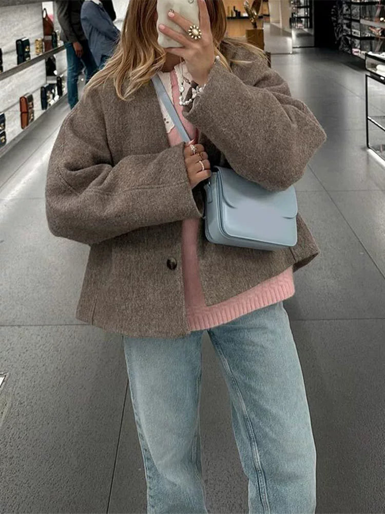Oversized Wolloptik V-Ausschnitt Mantel für Damen