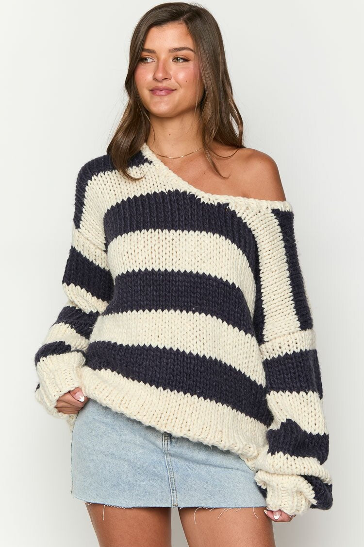 Gemütlicher Gestreifter Strickpullover mit Schulterfreiem Design Schicker Herbstpullover