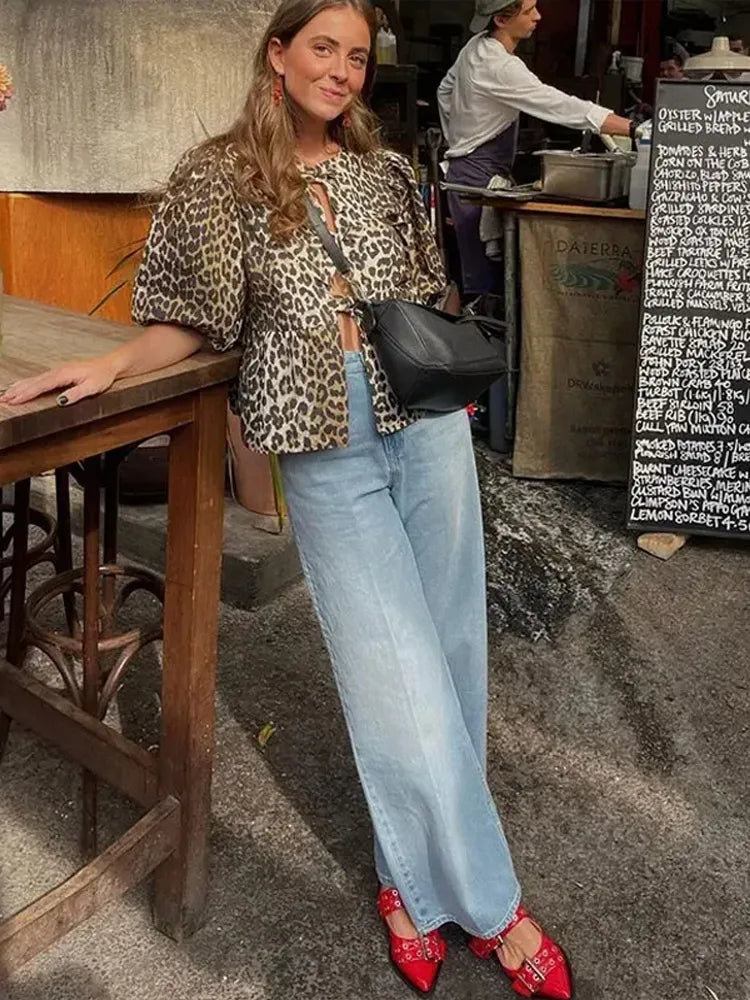 Bluse mit Leopardenmuster, Puffärmeln und Schleifendetail