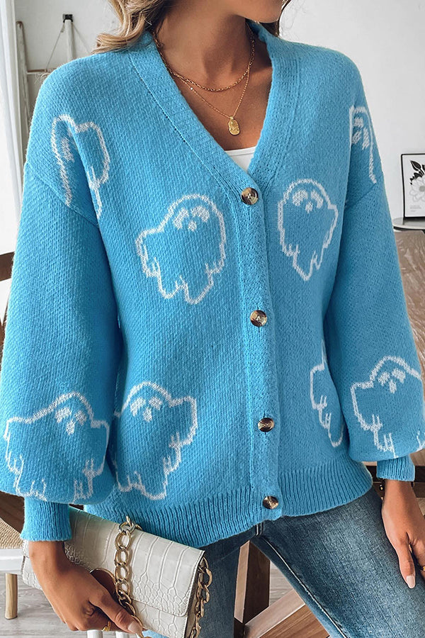 Gemütlicher Halloween-Geisterstrickpullover mit Knöpfen
