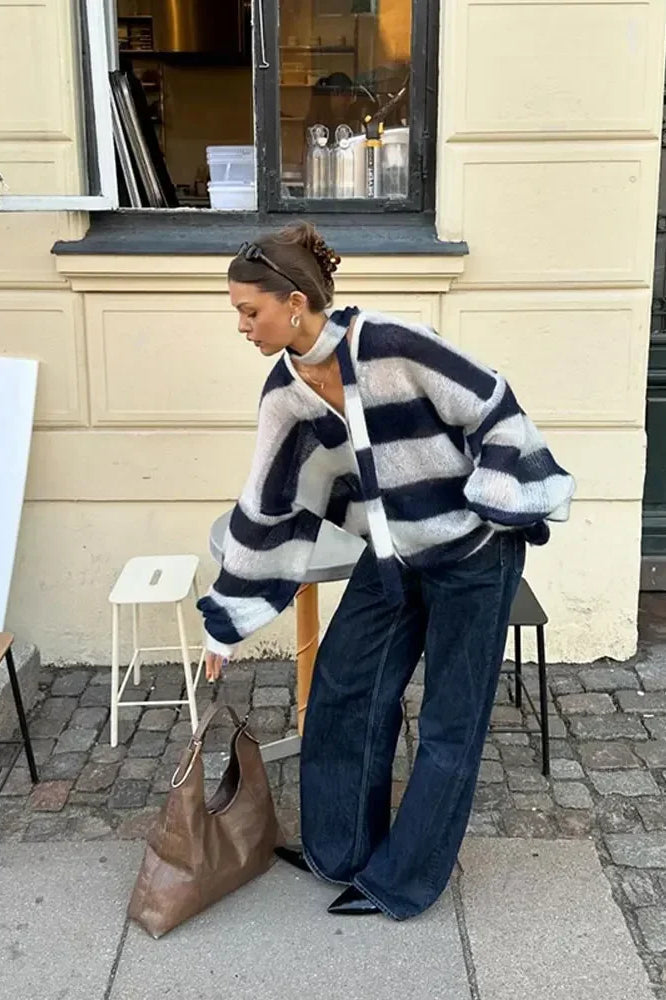 Gemütlicher gestreifter V-Ausschnitt Strickcardigan
