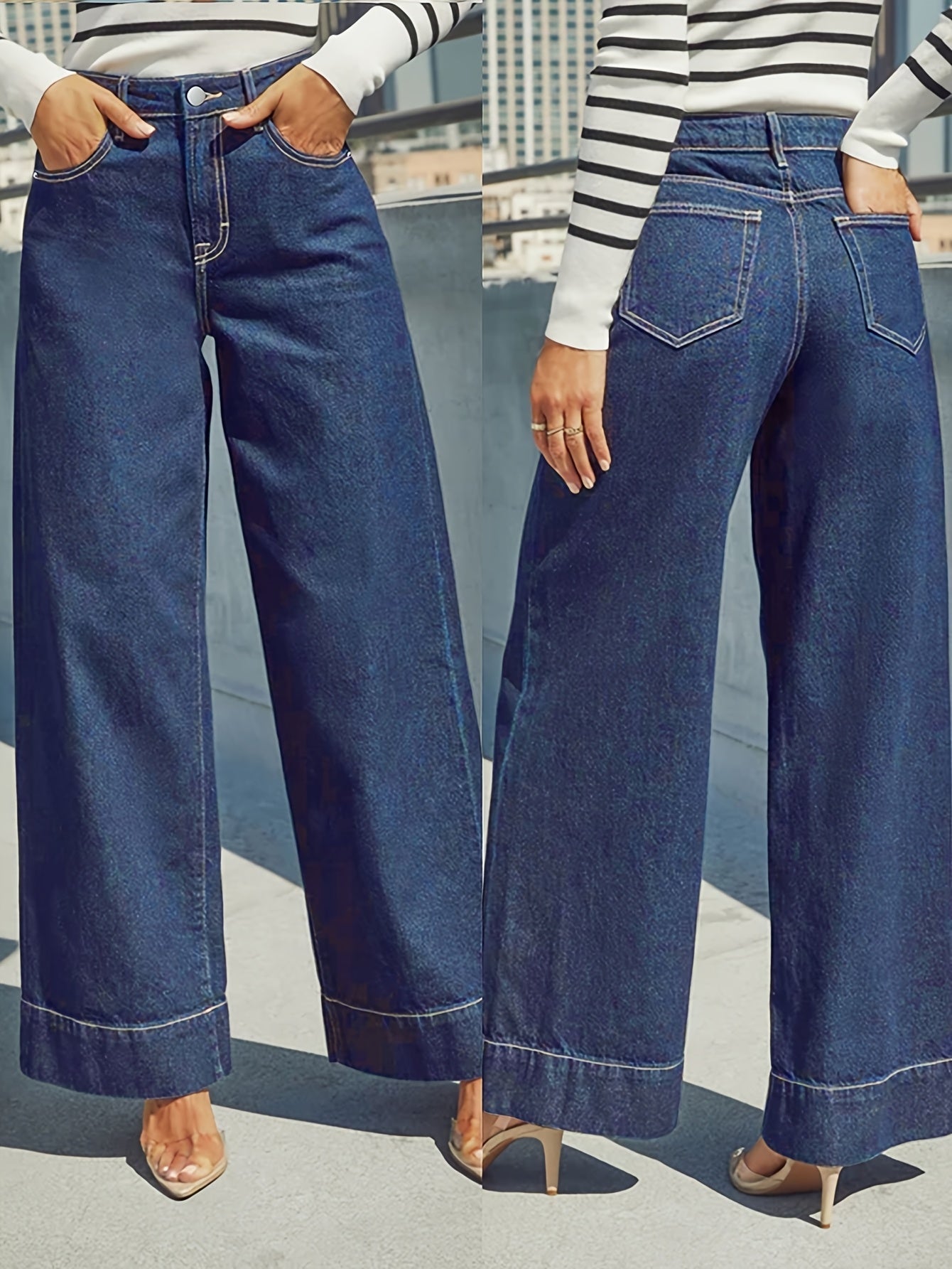 Jeans mit hoher Taille, weitem Bein und dehnbarem Denim-Stoff mit Umschlag am Saum