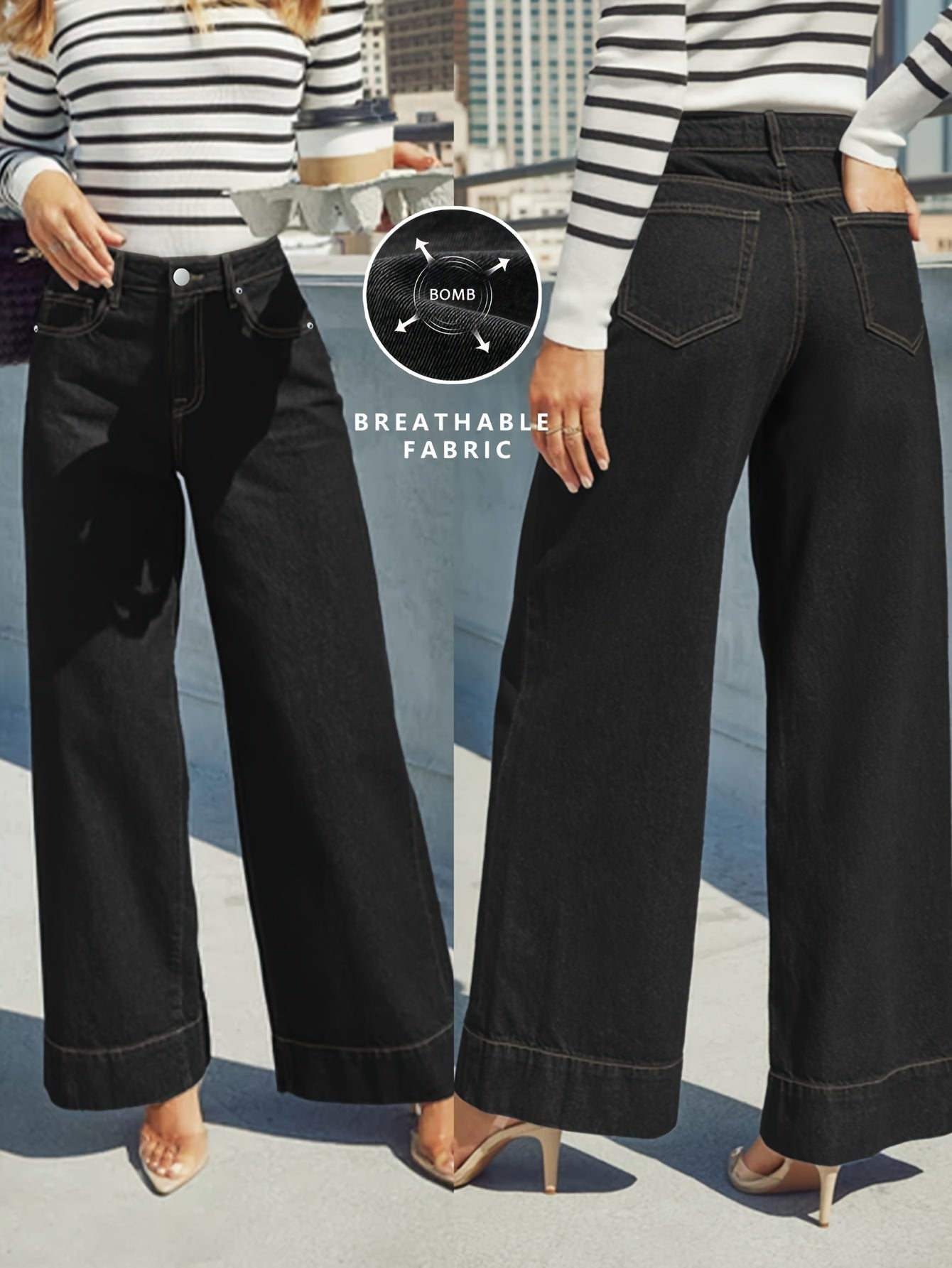 Jeans mit hoher Taille, weitem Bein und dehnbarem Denim-Stoff mit Umschlag am Saum