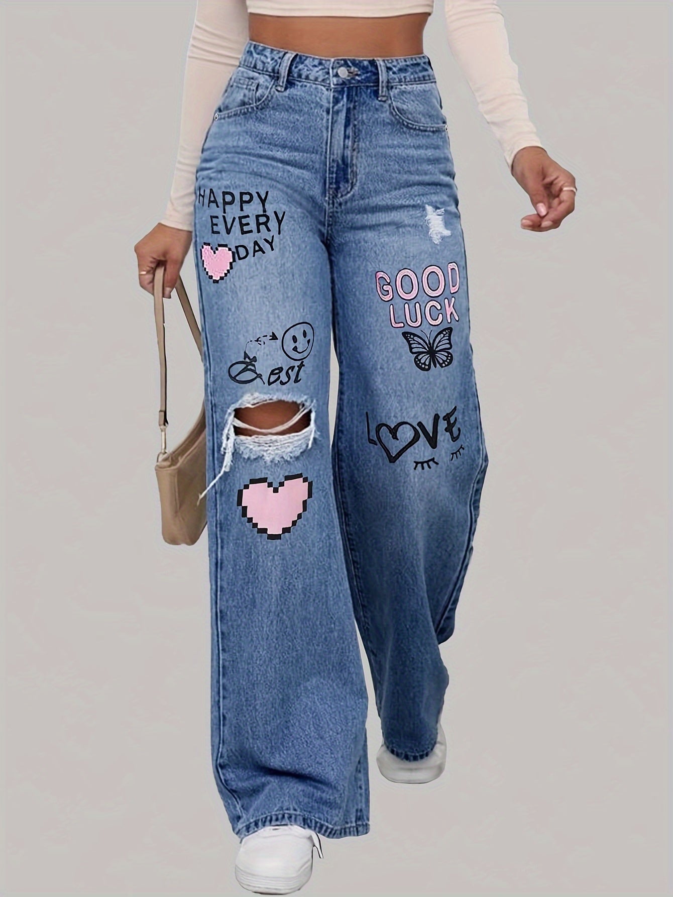 High-Waist Jeans mit weitem Bein und Grafikdesign