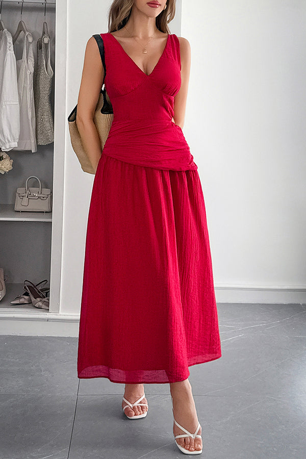 Ärmelloses Damen-Maxikleid mit V-Ausschnitt und hohlem Taillendesign