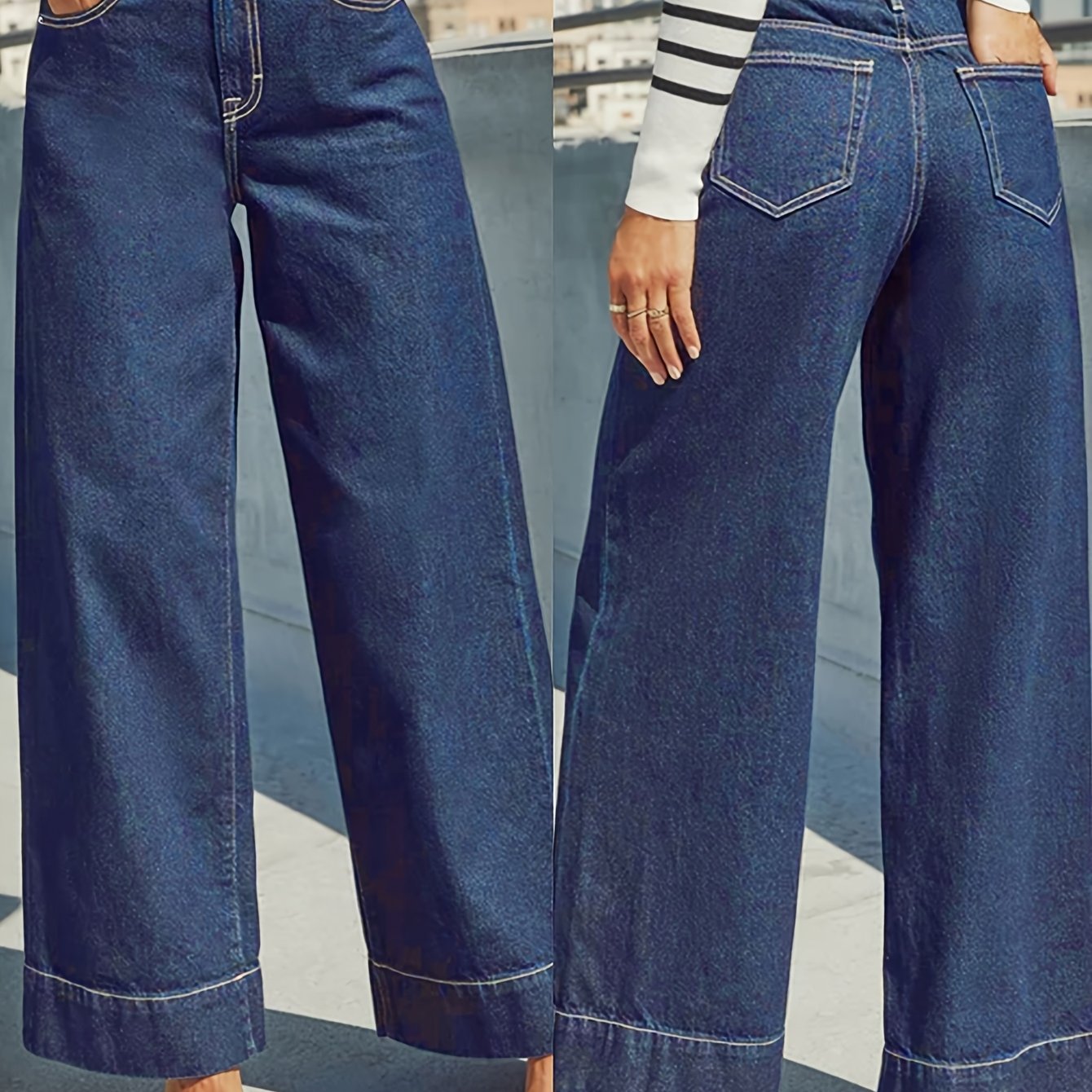 Jeans mit hoher Taille, weitem Bein und dehnbarem Denim-Stoff mit Umschlag am Saum