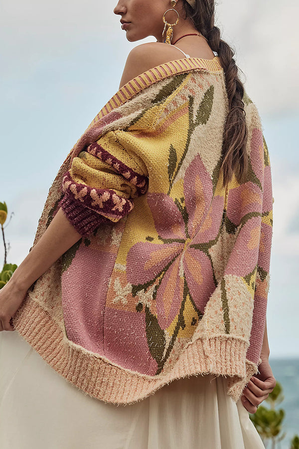 Gemütliche florale Strickjacke mit lockerer Passform und langen Ärmeln