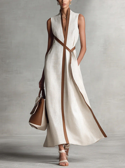 Ärmelloses Damenkleid mit Stehkragen aus Baumwoll-Leinen, Freizeitkleid