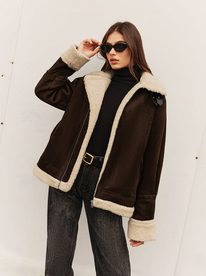 Vintage-Braune Jacke mit Fleece-Futter und lockerer Passform